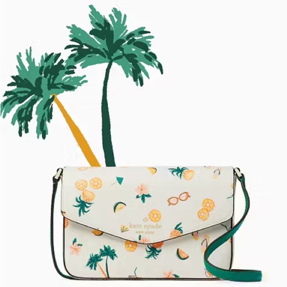 kate spade White Tropical Print Crossbody Bag with Green Strap